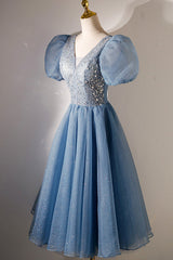 Prom Dress Shorts, A-line V-neck Sequins Short Prom Dress, Blue Short Sleeve Evening Dress