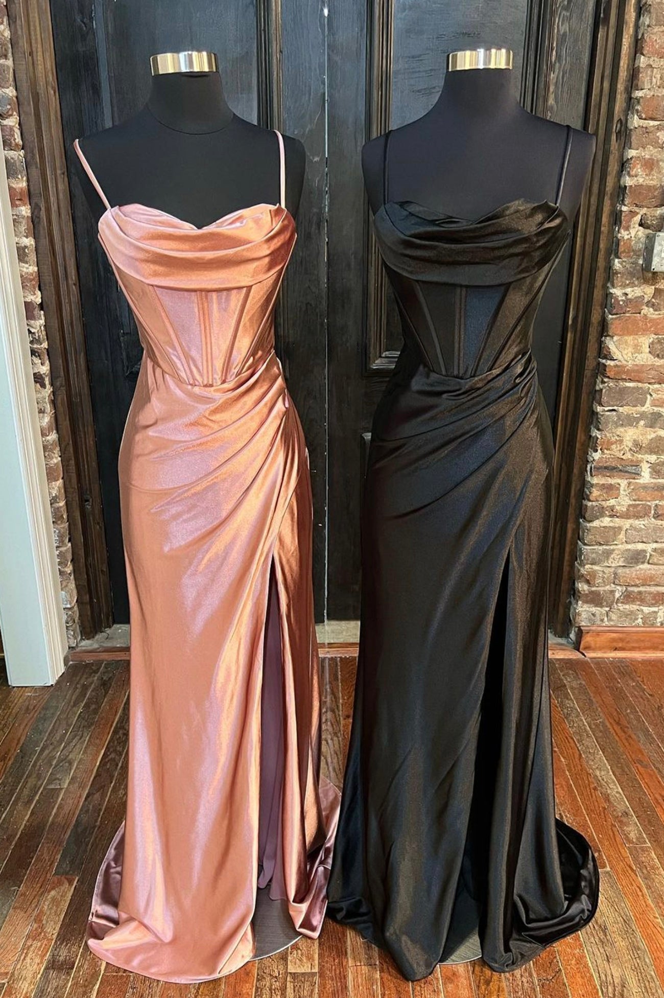 Prom Pictures, Simple Satin Long Mermaid Prom Dress, Spaghetti Straps Party Dress with Slit