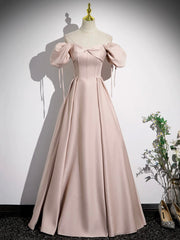 Prom Dress Boho, Pink Satin A-Line Floor Length Prom Dress, Off Shoulder Short Sleeve Evening Dress