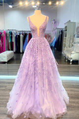 Evening Dresses With Sleeves, Purple V-Neck Lace Long Prom Dress, Purple A-Line Formal Evening Dress