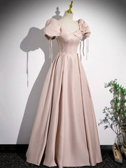 Prom Dress Outfit, Pink Satin A-Line Floor Length Prom Dress, Off Shoulder Short Sleeve Evening Dress