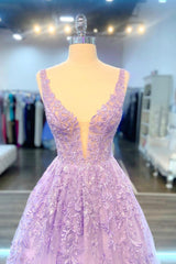 Evening Dress Stunning, Purple V-Neck Lace Long Prom Dress, Purple A-Line Formal Evening Dress
