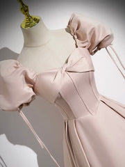 Prom Dress Outfits, Pink Satin A-Line Floor Length Prom Dress, Off Shoulder Short Sleeve Evening Dress