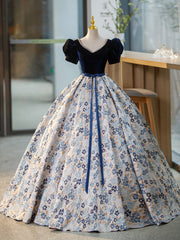 Royal Dress, Blue V-Neck Short Sleeve Ball Gown, Blue A-Line Velvet Floor Length Evening Dress