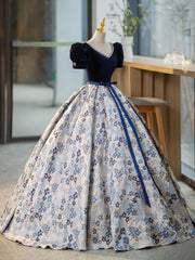 On Piece Dress, Blue V-Neck Short Sleeve Ball Gown, Blue A-Line Velvet Floor Length Evening Dress