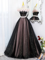 Prom Dress Ideas Unique, Black Tulle and Pink Flowers Party Dress, Black  Off Shoulder Sweet 16 Dress
