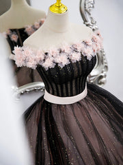 Prom Dresses Princess, Black Tulle and Pink Flowers Party Dress, Black  Off Shoulder Sweet 16 Dress