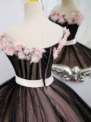 Prom Dress Trends For The Season, Black Tulle and Pink Flowers Party Dress, Black  Off Shoulder Sweet 16 Dress