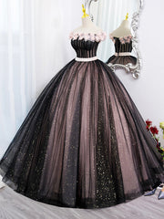 Prom Dress Inspo, Black Tulle and Pink Flowers Party Dress, Black  Off Shoulder Sweet 16 Dress