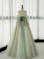 Prom Dresse Two Piece, Green Tulle Lace Long Prom Dress, Green Off Shoulder Evening Party Dress