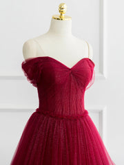 Party Dress Silk, Burgundy Shiny Tulle Long Prom Dress, Beautiful A-Line Off the Shoulder Evening Dress