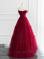 Party Dress Dames, Burgundy Shiny Tulle Long Prom Dress, Beautiful A-Line Off the Shoulder Evening Dress
