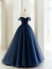 Prom Dresses Shop, Off the Shoulder Tulle Long Prom Dress, A-Line Blue Formal Evening Dress