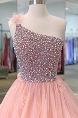 Prom Dresses Sale, Pink Organza Beaded Long Formal Dress, A-Line One Shoulder Evening Dress