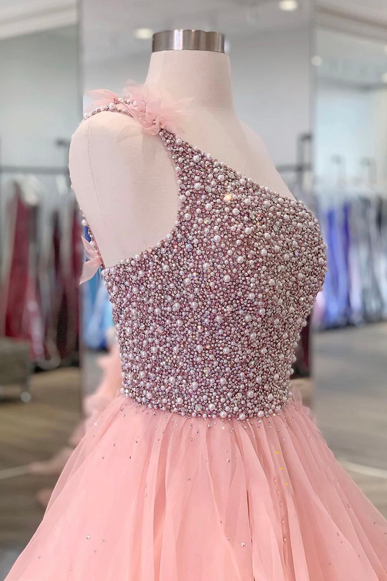 Prom Dress Sales, Pink Organza Beaded Long Formal Dress, A-Line One Shoulder Evening Dress