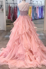 Prom Dress Red, Pink Organza Beaded Long Formal Dress, A-Line One Shoulder Evening Dress