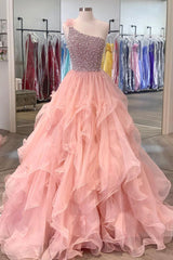 Prom Dress Casual, Pink Organza Beaded Long Formal Dress, A-Line One Shoulder Evening Dress