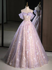 Evening Dress Modest, Purple A-Line Off the Shoulder Sequins Prom Dress, Lovely Tulle Corset Floor Length Evening Dress