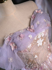 Evening Dresses, Purple A-Line Off the Shoulder Sequins Prom Dress, Lovely Tulle Corset Floor Length Evening Dress