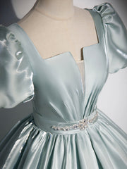 Prom Dresses Colors, Beautiful Satin Floor Length Prom Dress, A-Line Short Sleeve Evening Party Dress