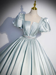 Prom Dress Colorful, Beautiful Satin Floor Length Prom Dress, A-Line Short Sleeve Evening Party Dress