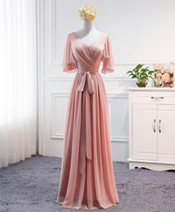 Bridesmaid Dress Dusty Rose, Simple V Neck Chiffon Long Prom Dress, Bridesmaid Dress