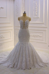 Wedding Dress Short Bride, Luxurious 3D Lace Applique High Neck Tulle Mermaid Wedding Dress