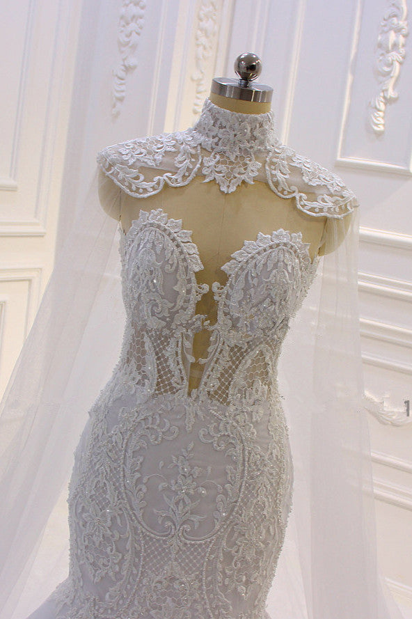 Wedding Dresses Under 10004, Luxurious 3D Lace Applique High Neck Tulle Mermaid Wedding Dress