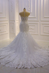 Wedding Dress For Large Bust, Luxurious 3D Lace Applique High Neck Tulle Mermaid Wedding Dress