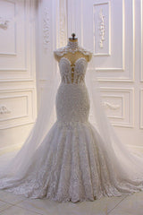 Wedding Dresses Short Bride, Luxurious 3D Lace Applique High Neck Tulle Mermaid Wedding Dress