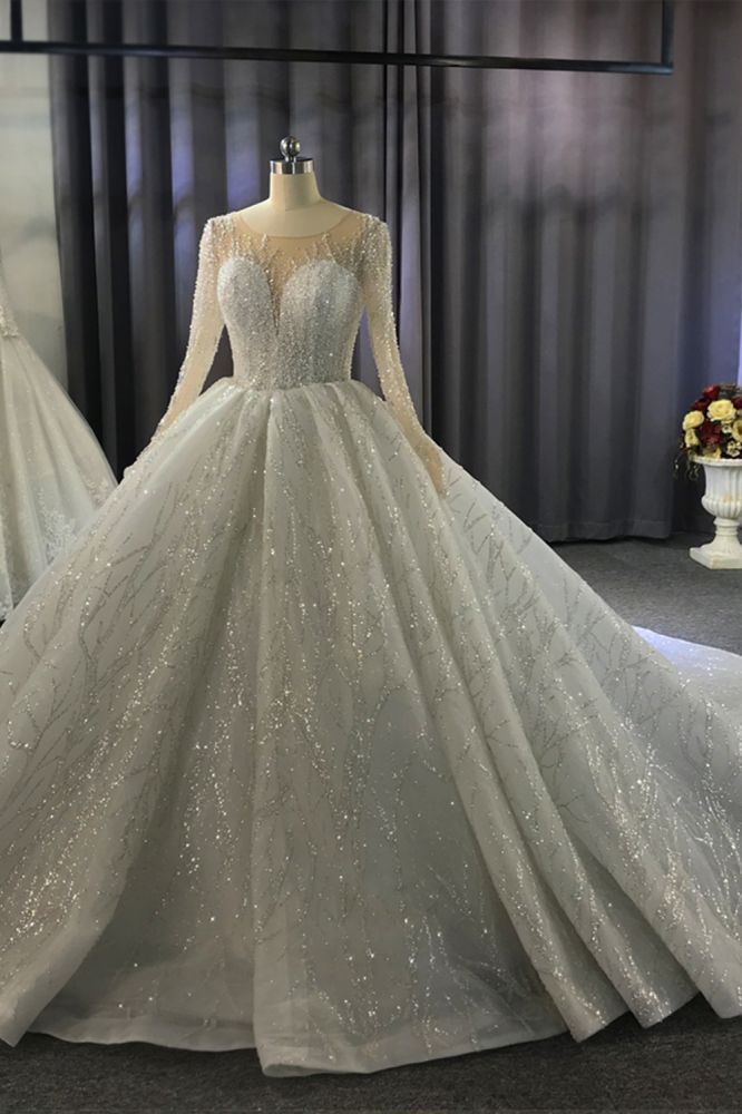 Wedding Dress Fabric, Luxurious Ball Gown Long Sleeves Crystal Beading Wedding Dress A line Classic