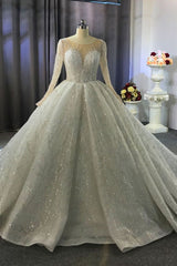 Wedding Dress Fabrics, Luxurious Ball Gown Long Sleeves Crystal Beading Wedding Dress A line Classic