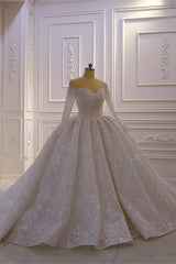 Wedding Dress Train, Luxurious Ball Gown Long Sleevess 3D Lace Sweetheart Long Wedding Dresses