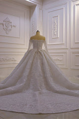 Wedding Dresses Trains, Luxurious Ball Gown Long Sleevess 3D Lace Sweetheart Long Wedding Dresses