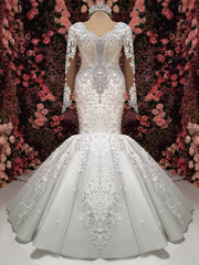 Wedding Dress Sale, Luxurious Crystals Mermaid Bridal Gowns Long Sleevess Chapel Train Wedding Dresses