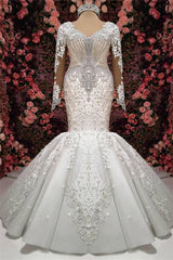 Wedding Dress Elegant, Luxurious Crystals Mermaid Bridal Gowns Long Sleevess Chapel Train Wedding Dresses