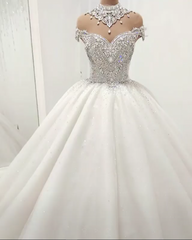 Wedding Dresses With Sleeves Lace, Luxurious High Neck Crystal Beading Ball Gown Wedding Dresses