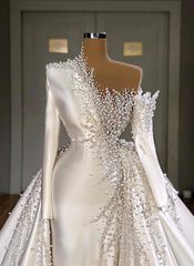 Wedding Dress With Sleeve, Luxurious Long Sleeve Pearls Overskirt Wedding Dress Online