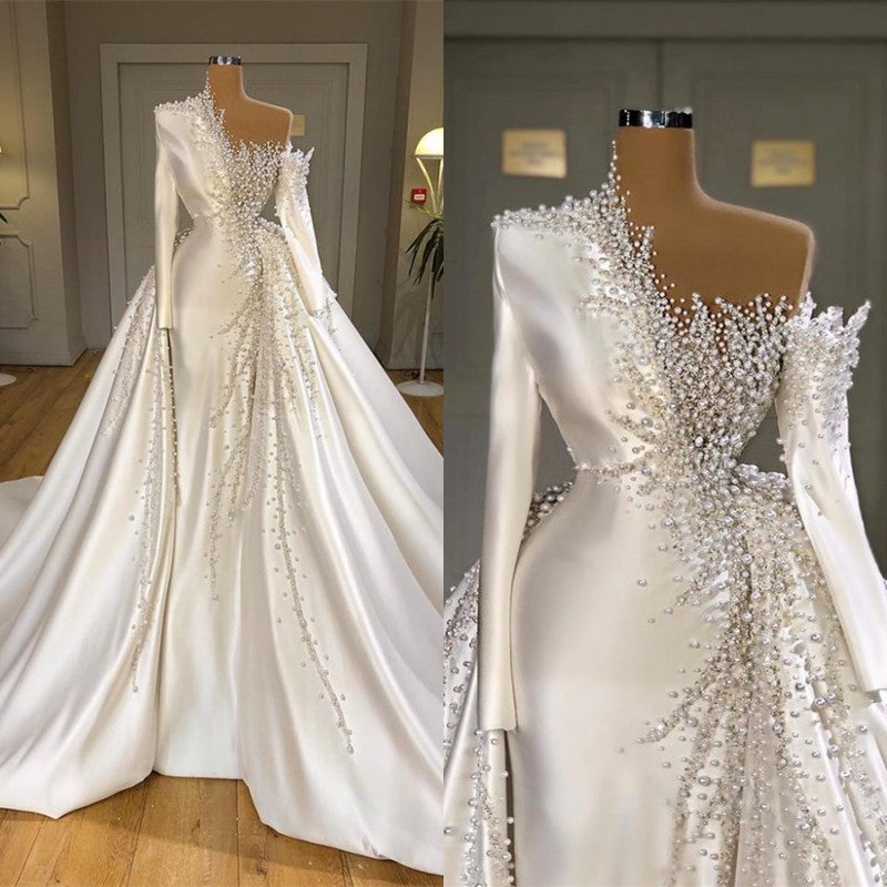 Wedding Dress Accessory, Luxurious Long Sleeve Pearls Overskirt Wedding Dress Online