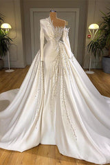 Wedding Dress Website, Luxurious Long Sleeve Pearls Overskirt Wedding Dress Online