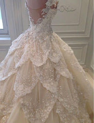 Wedding Dress With Straps, Luxurious Off the Shoulder Beading Wedding Dress Crystal Tiered Chapel Train Bridal Gowns