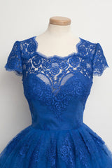 Bridesmaid Dress Blushing Pink, Luxurious Royal Blue Homecoming Dress,Scalloped-Edge Ball Knee-Length Dress