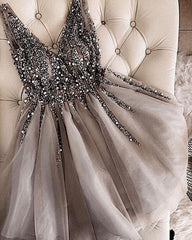 Prom Dress Prom Dress, Luxurious Sequins Beaded V-neck Tulle Homecoming Dresses Short Party Dress