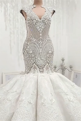 Wedding Dresses For Fall Weddings, Luxurious Sleeveless Appliques Rhinestones Mermaid Wedding Bridal Gowns