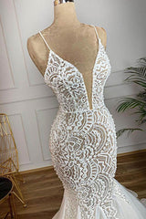 Wedding Dress Romantic, Luxurious Spaghetti Strap Plugging V neck White Sleeveless Mermaid Hollow Wedding Dress
