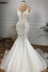 Wedding Dresses For Summer, Luxurious Spaghetti Strap Plugging V neck White Sleeveless Mermaid Hollow Wedding Dress