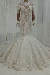 Wedding Dresses Sleeves, Luxurious Sparkle Beaded High neck Fit and Flare Mermaid Wedding Dress