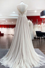 Wedding Dresses Classy Elegant, Luxury Long A-line V-neck Tulle Open Back Lace Wedding Dress