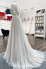 Wedding Dress Elegant Classy, Luxury Long A-line V-neck Tulle Open Back Lace Wedding Dress