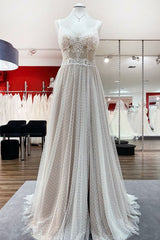 Wedding Dresses Elegant Classy, Luxury Long A-line V-neck Tulle Open Back Lace Wedding Dress